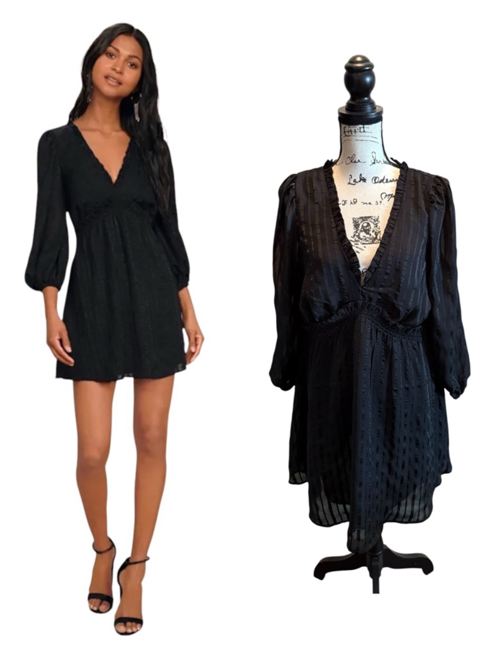 Lulus Forever In My Heart Black Striped Balloon Sleeve Mini Dress Size Large NWT